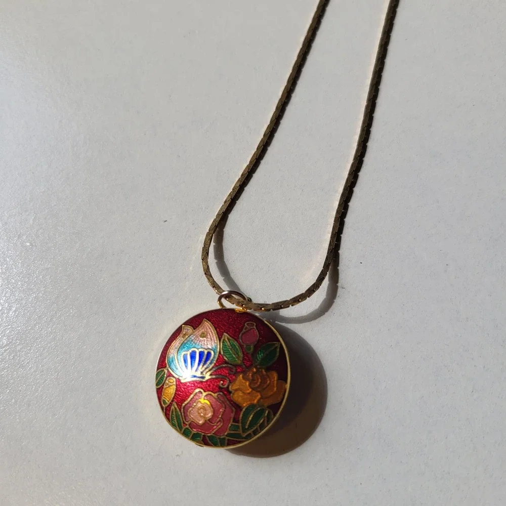 Vintage Two Sided Puffy Cloisonne Pendant Necklace Red Floral Butterfly